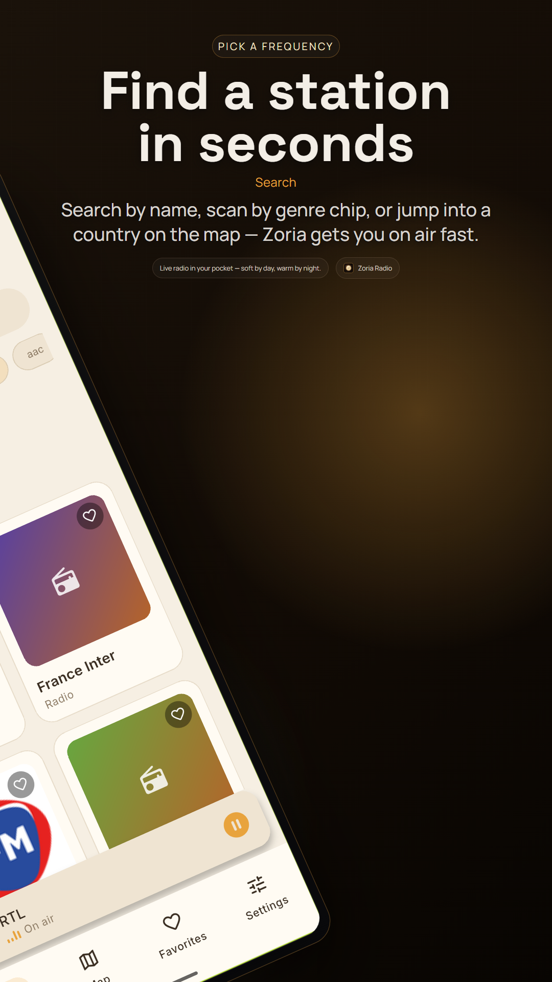 Zoria Radio search and scan screen for finding stations by name, genre, or country
